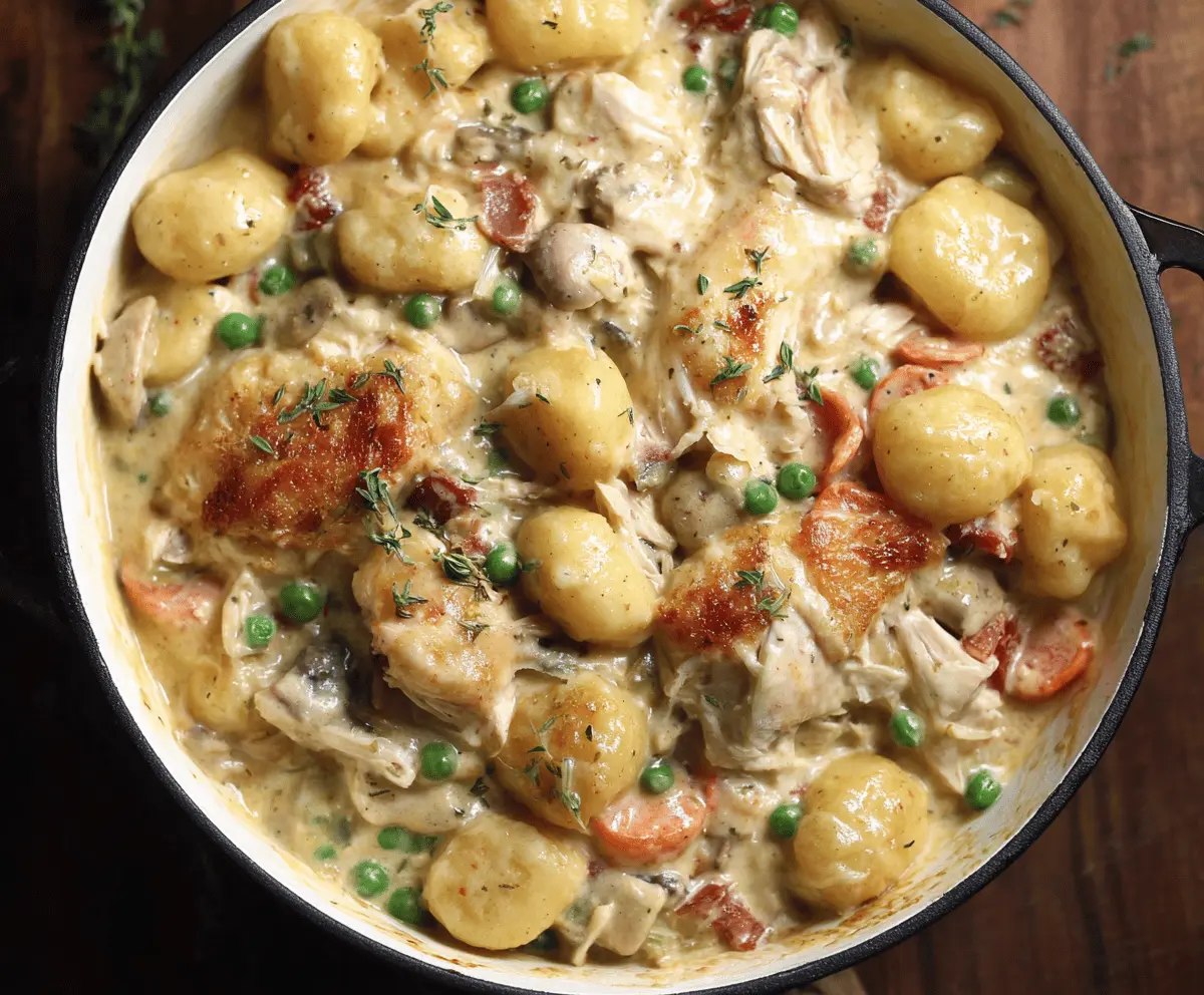 Creamy one pot gnocchi chicken pot pie topped with golden crust and fresh herbs in a cozy serving dish.
