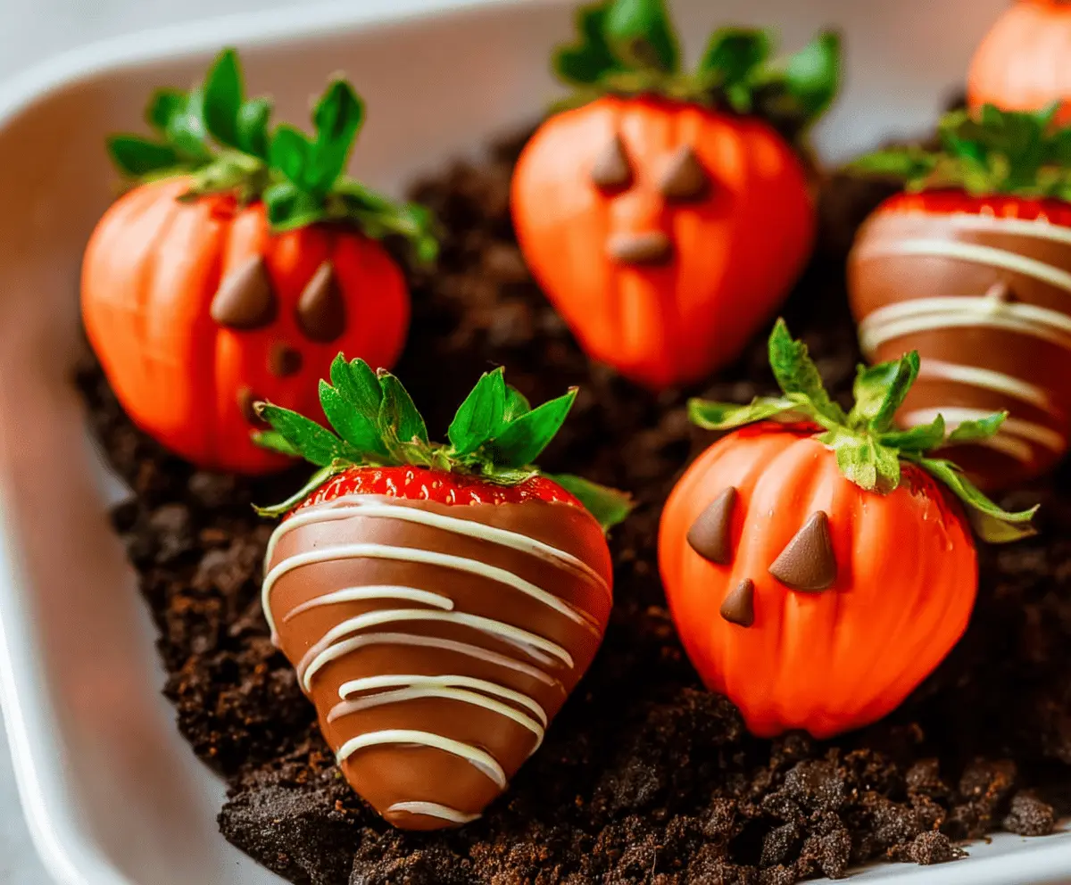 Delicious chocolate-covered strawberries decorated as pumpkins for a festive Halloween treat, featuring orange and green accents on ripe red berries.