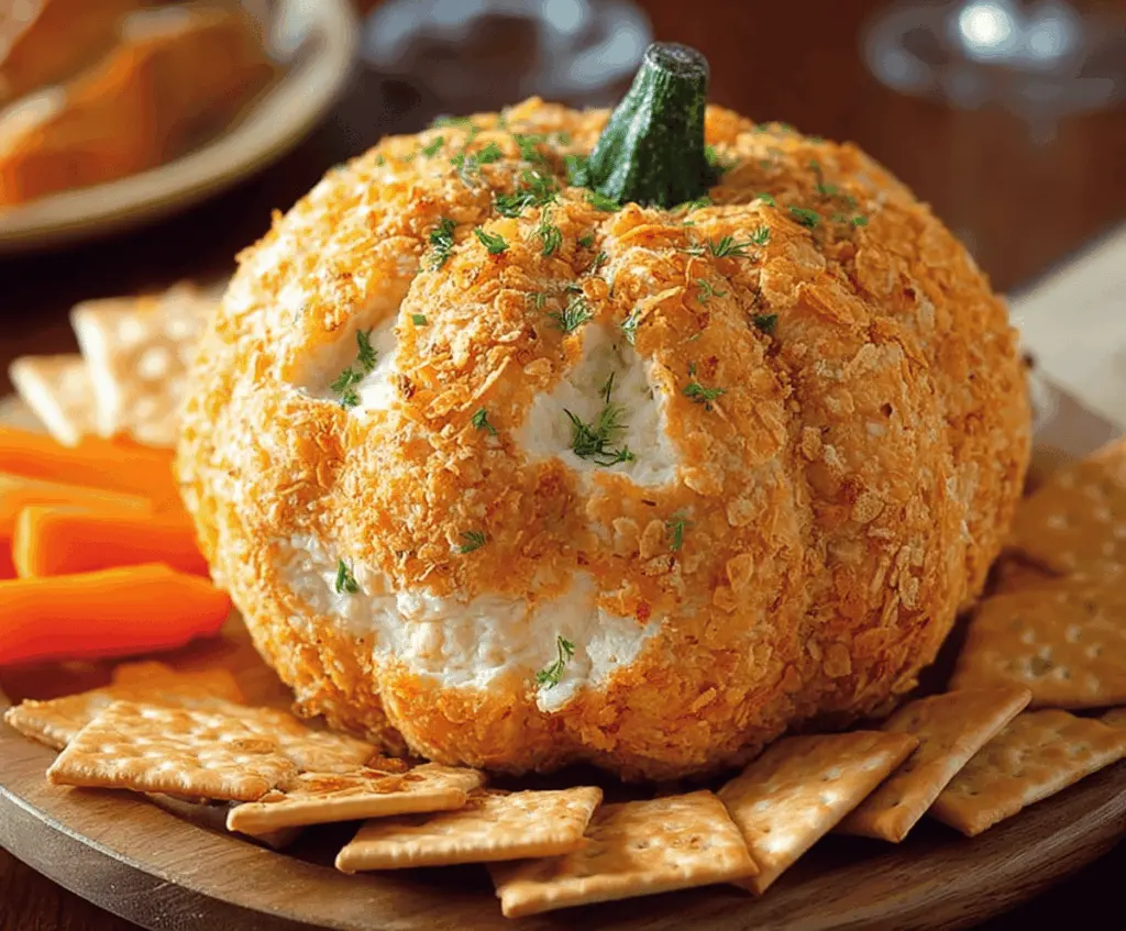 Creamy pumpkin-shaped cheese ball garnished with herbs and crackers for a festive appetizer.