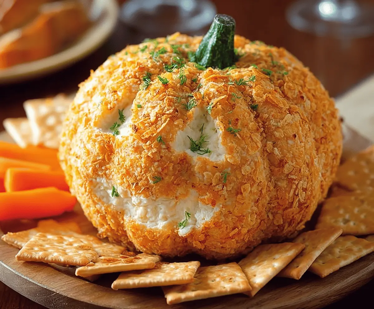 Creamy pumpkin-shaped cheese ball garnished with herbs and crackers for a festive appetizer.