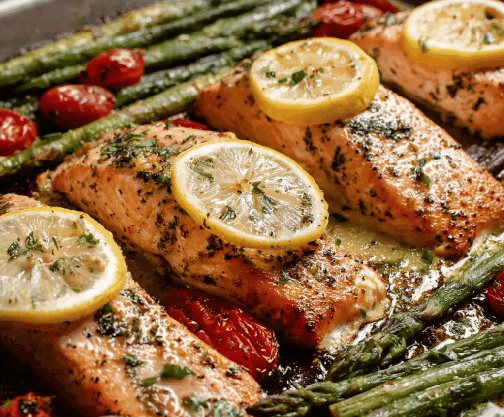 Delicious sheet pan lemon garlic butter salmon served with fresh herbs on a baking sheet