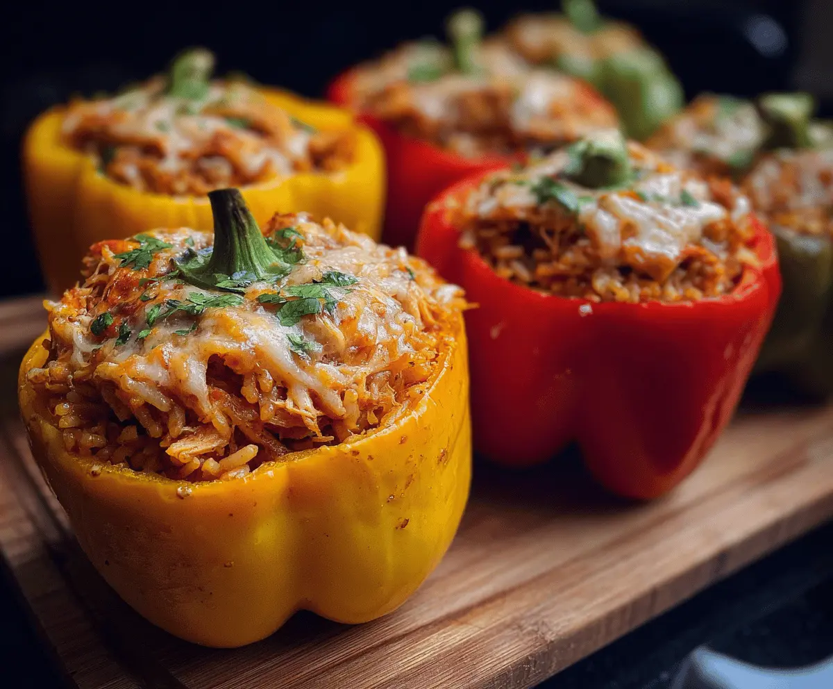 Colorful Halloween-themed stuffed peppers filled with shredded chicken and rice, perfect for a festive and delicious spooky dinner