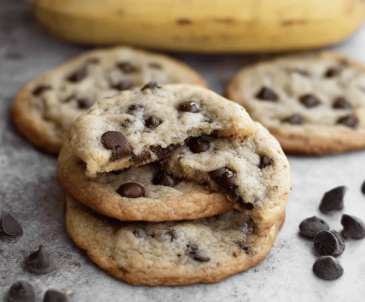 Delicious soft and chewy banana chocolate chip cookies with melted chocolate chips and ripe banana slices on a baking tray
