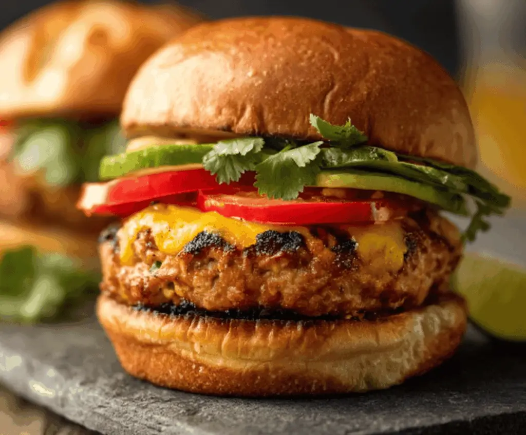 Juicy Spicy Southwest Turkey Burgers topped with fresh lettuce, sliced tomatoes, and melted cheese on toasted buns, served with crispy fries