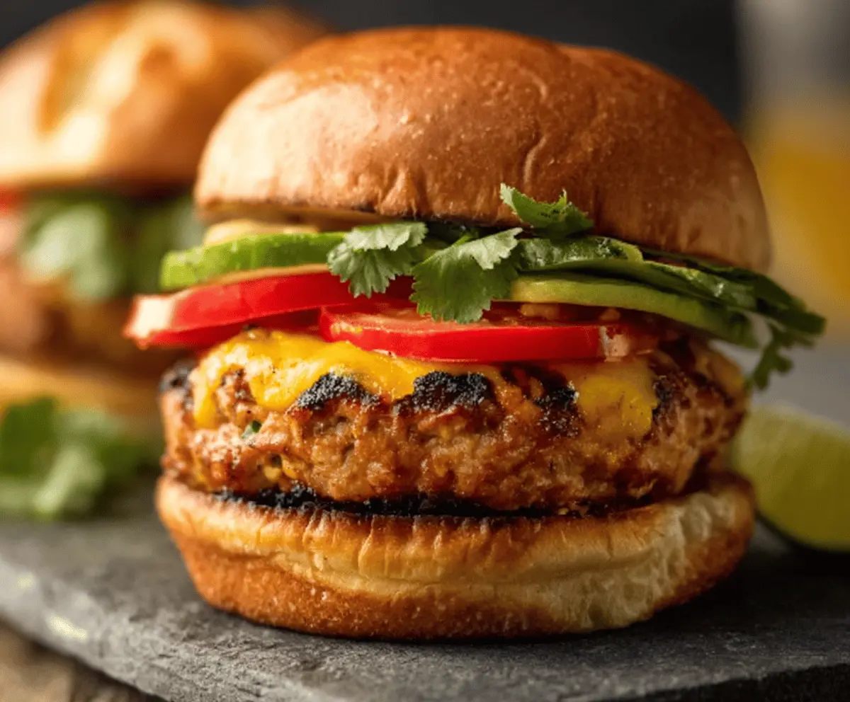 Juicy Spicy Southwest Turkey Burgers topped with fresh lettuce, sliced tomatoes, and melted cheese on toasted buns, served with crispy fries