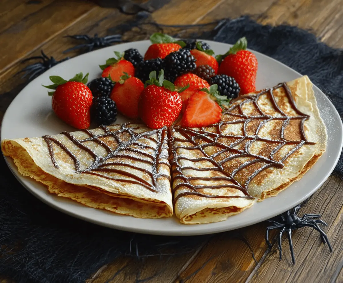 Delicious Spiderweb Crepes topped with chocolate syrup and whipped cream, perfect for Halloween treats