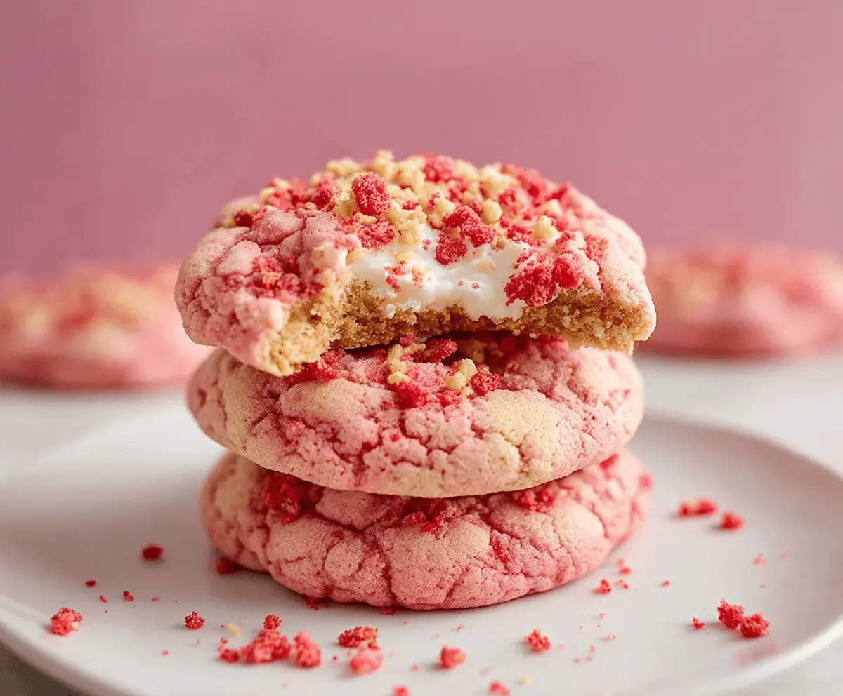 Delicious homemade strawberry crunch cookies with a crispy topping and fresh strawberry filling on a white plate