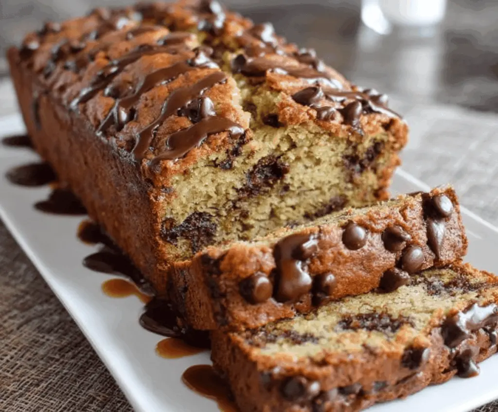 Super moist chocolate chip banana bread fresh out of the oven with gooey chocolate chips and ripe banana slices