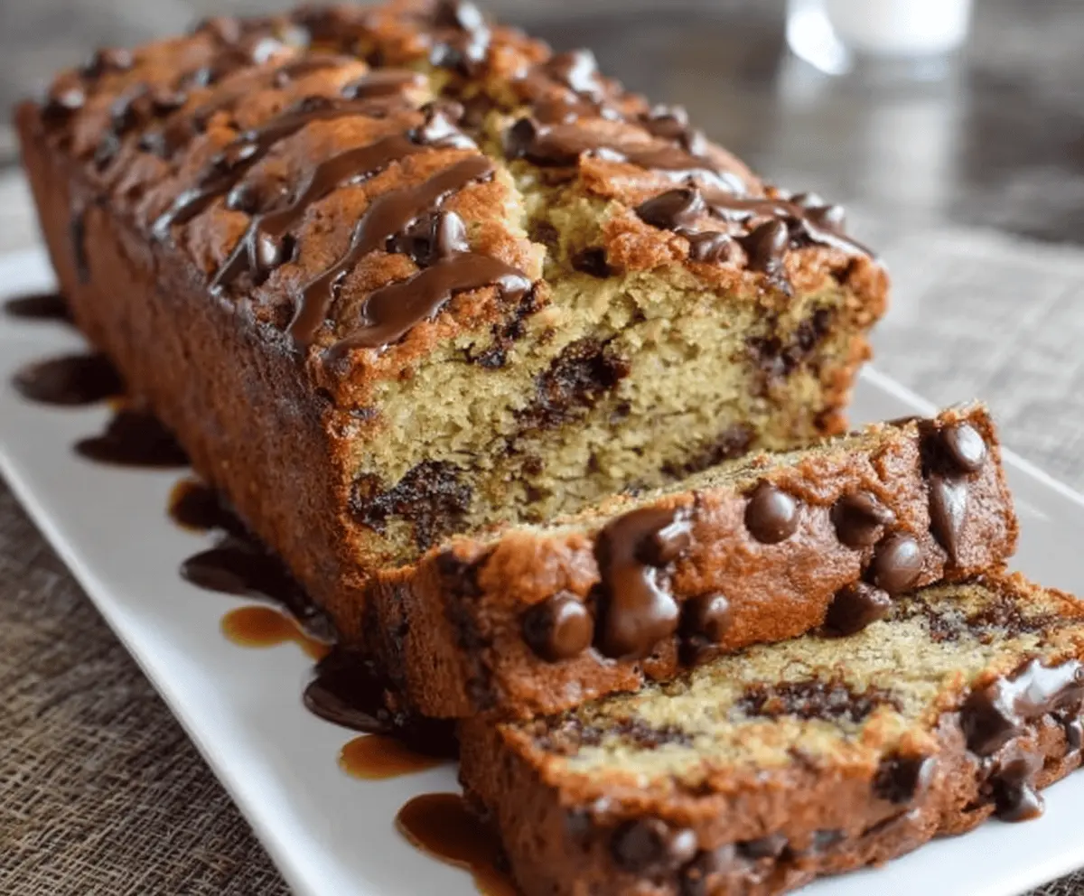Super moist chocolate chip banana bread fresh out of the oven with gooey chocolate chips and ripe banana slices