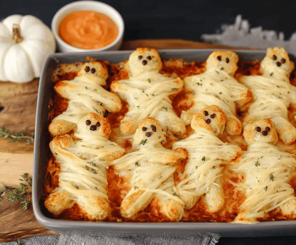 Delicious Halloween appetizers featuring cheesy breadstick bones, perfect for a spooky party spread