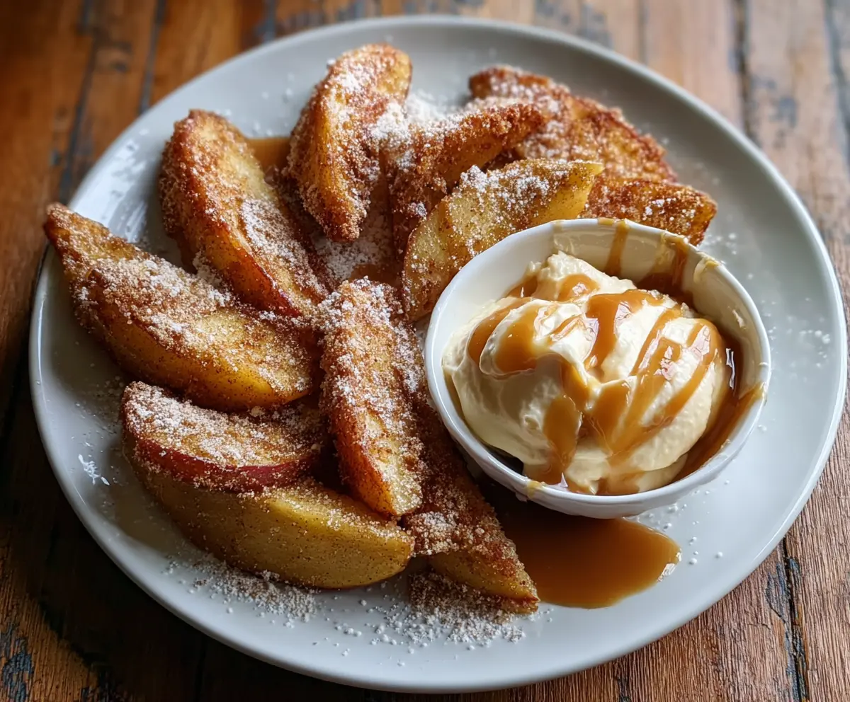 Air fried apple wedges topped with caramel whipped cream and served with a dipping sauce.