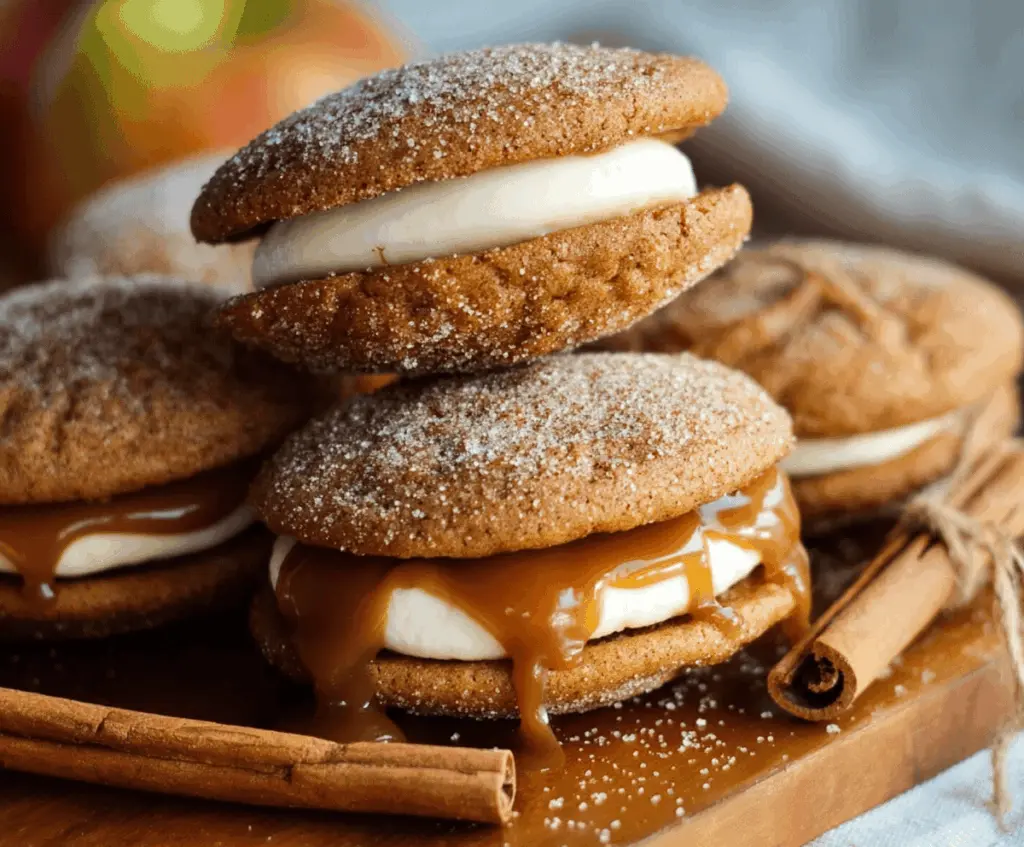 Delicious Apple Cider Whoopie Pie Cookies filled with creamy caramel frosting.