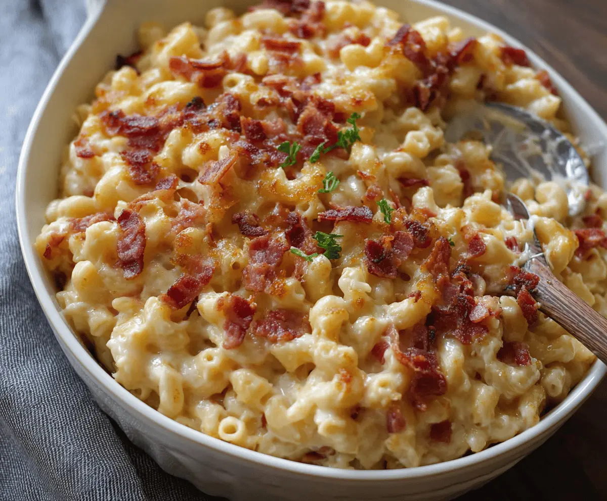 Creamy bacon mac and cheese served in a bowl with crispy bacon bits on top.