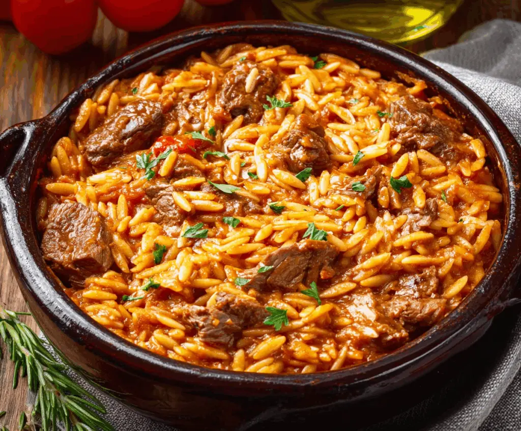 Delicious Greek Beef Giouvetsi served with tender beef chunks and orzo pasta in savory tomato sauce.