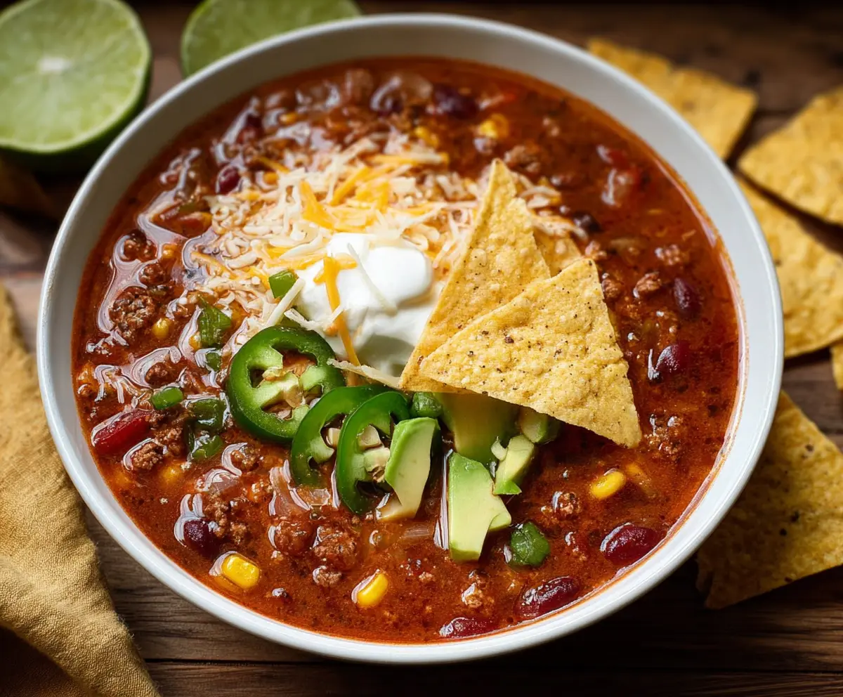 A bowl of bold and hearty taco soup with ground beef, beans, and toppings garnished with fresh herbs.