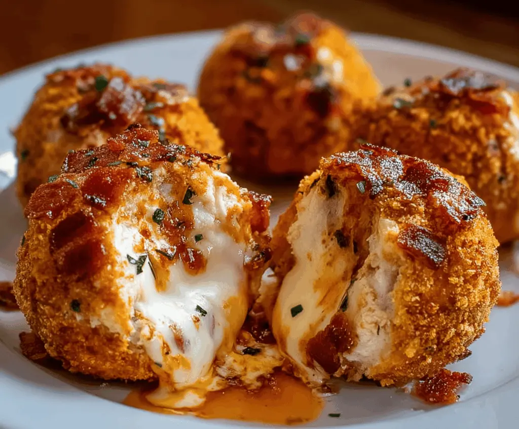 Delicious Buffalo Chicken Bacon Mozzarella Bombs with melted cheese and crispy bacon on top.