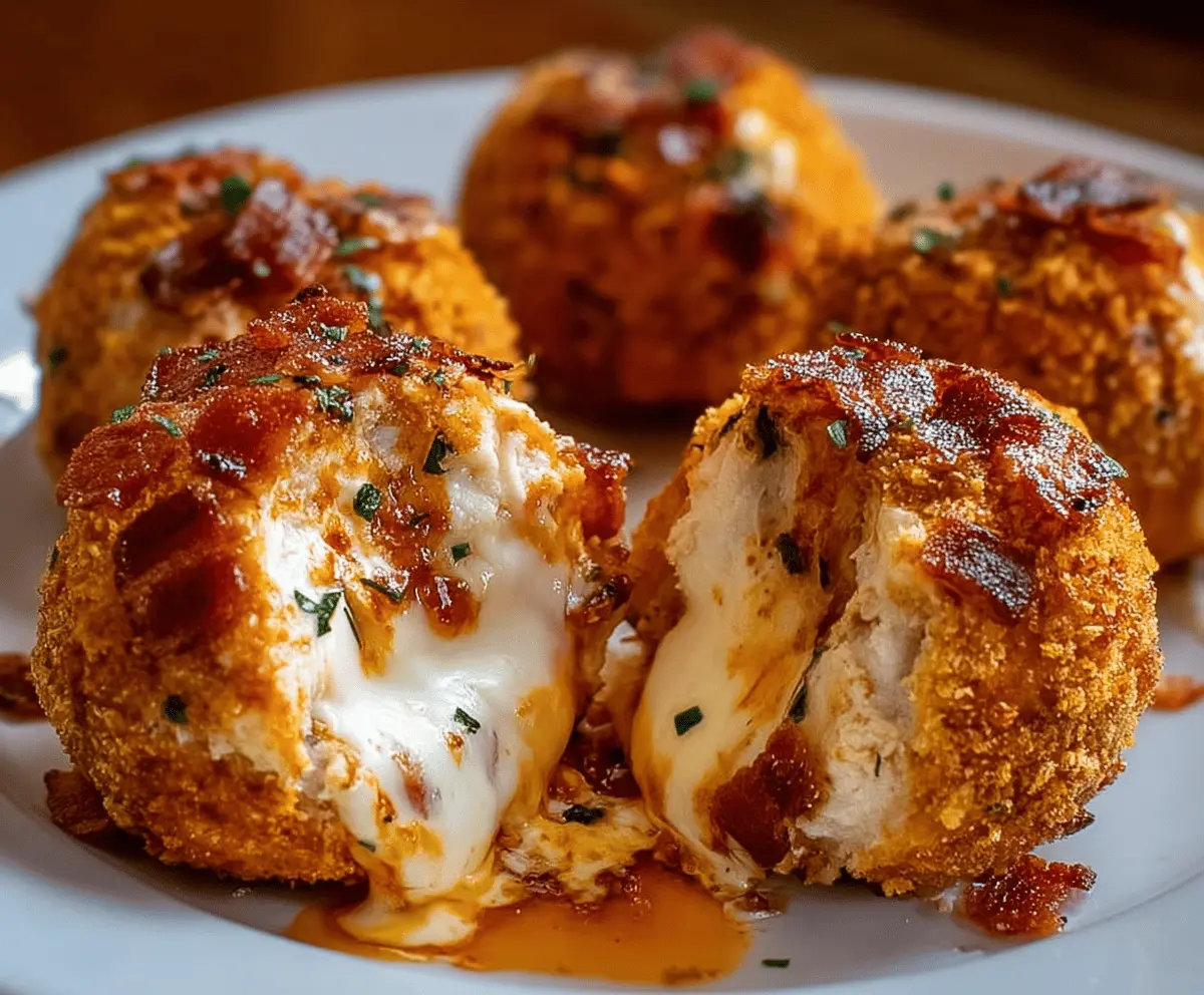 Delicious Buffalo Chicken Bacon Mozzarella Bombs with melted cheese and crispy bacon on top.