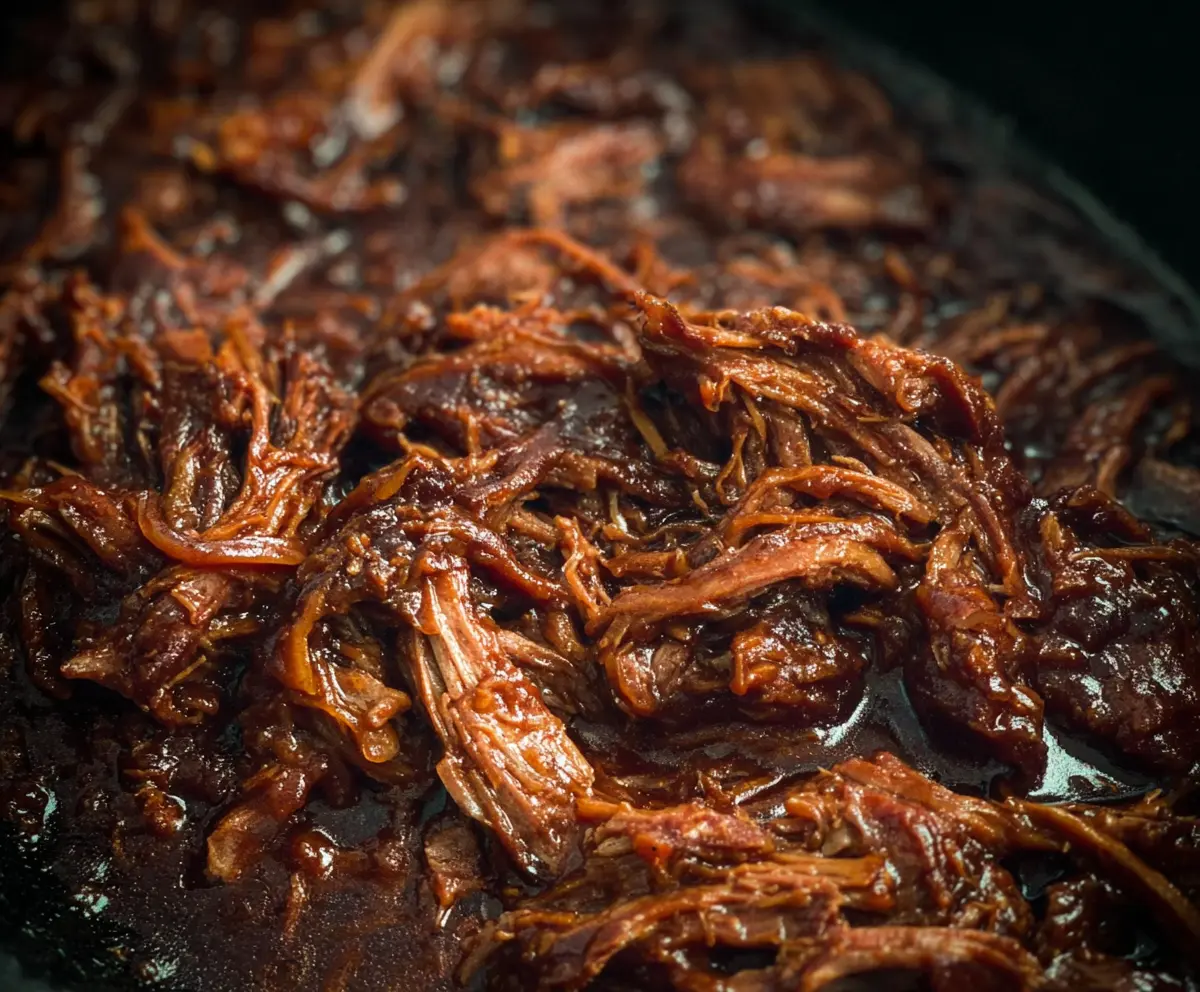 Juicy caramelized pulled beef brisket served on a plate with a rich glaze.