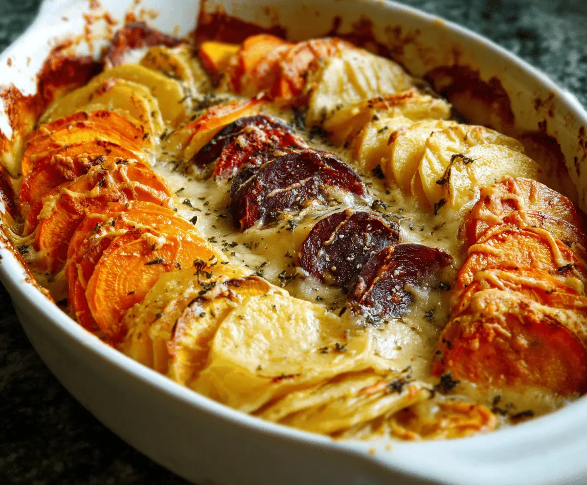 Delicious cheesy root vegetable gratin baked to perfection with a golden crust
