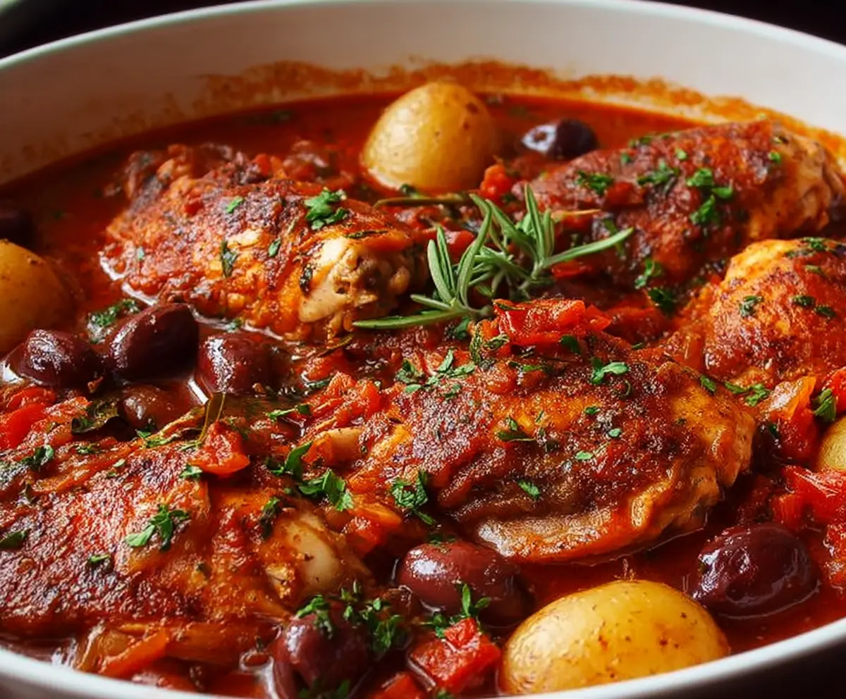 Delicious Chicken Cacciatore with potatoes and vegetables served on a plate.