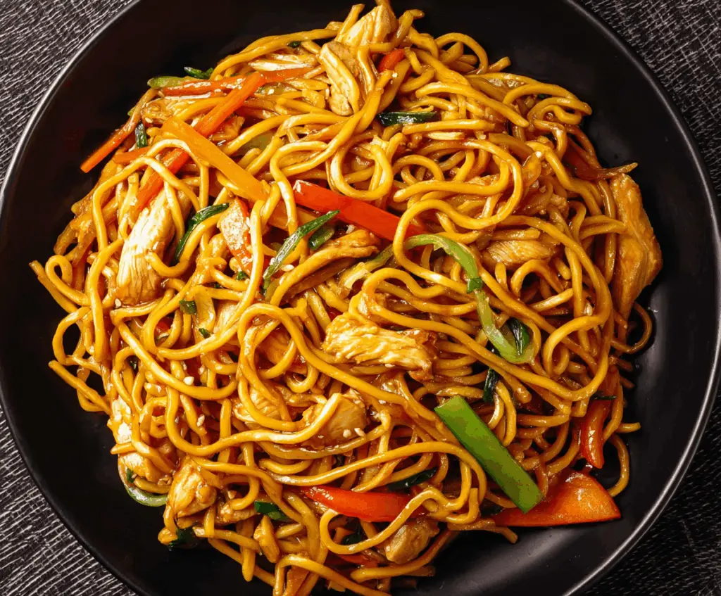 Delicious Chicken Chow Mein with stir-fried noodles and vegetables on a plate.