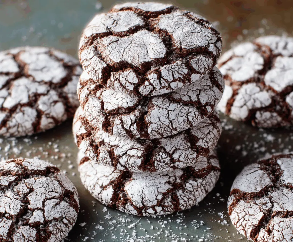Delicious homemade chocolate crinkle cookies with powdered sugar coating.