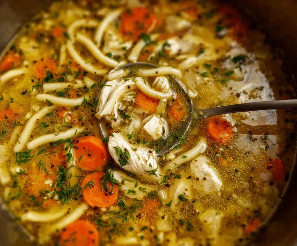 Refreshing Cold Fighting Chicken Noodle Soup in a bowl with vegetables and herbs, perfect for summer meals.