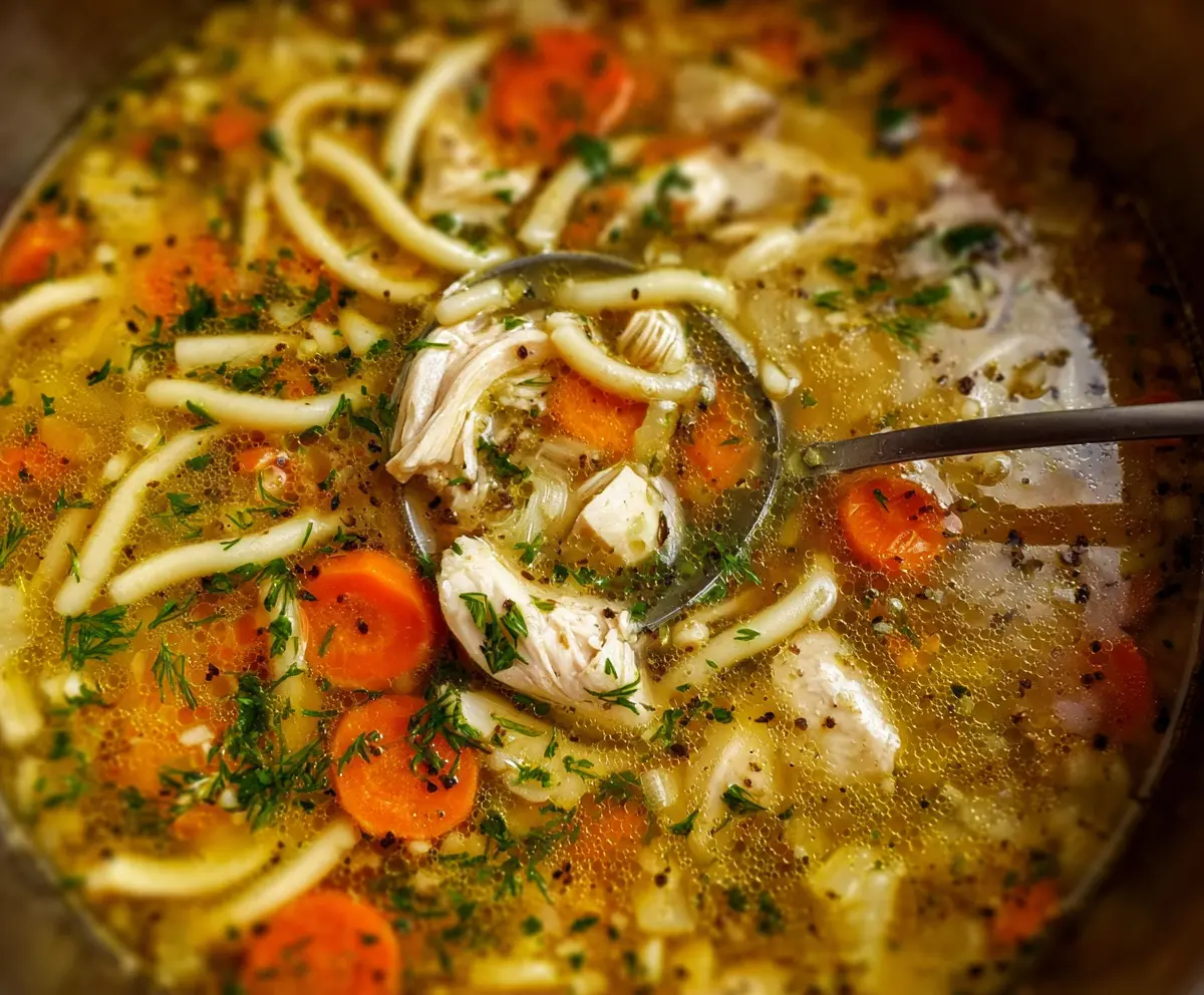 Refreshing Cold Fighting Chicken Noodle Soup in a bowl with vegetables and herbs, perfect for summer meals.