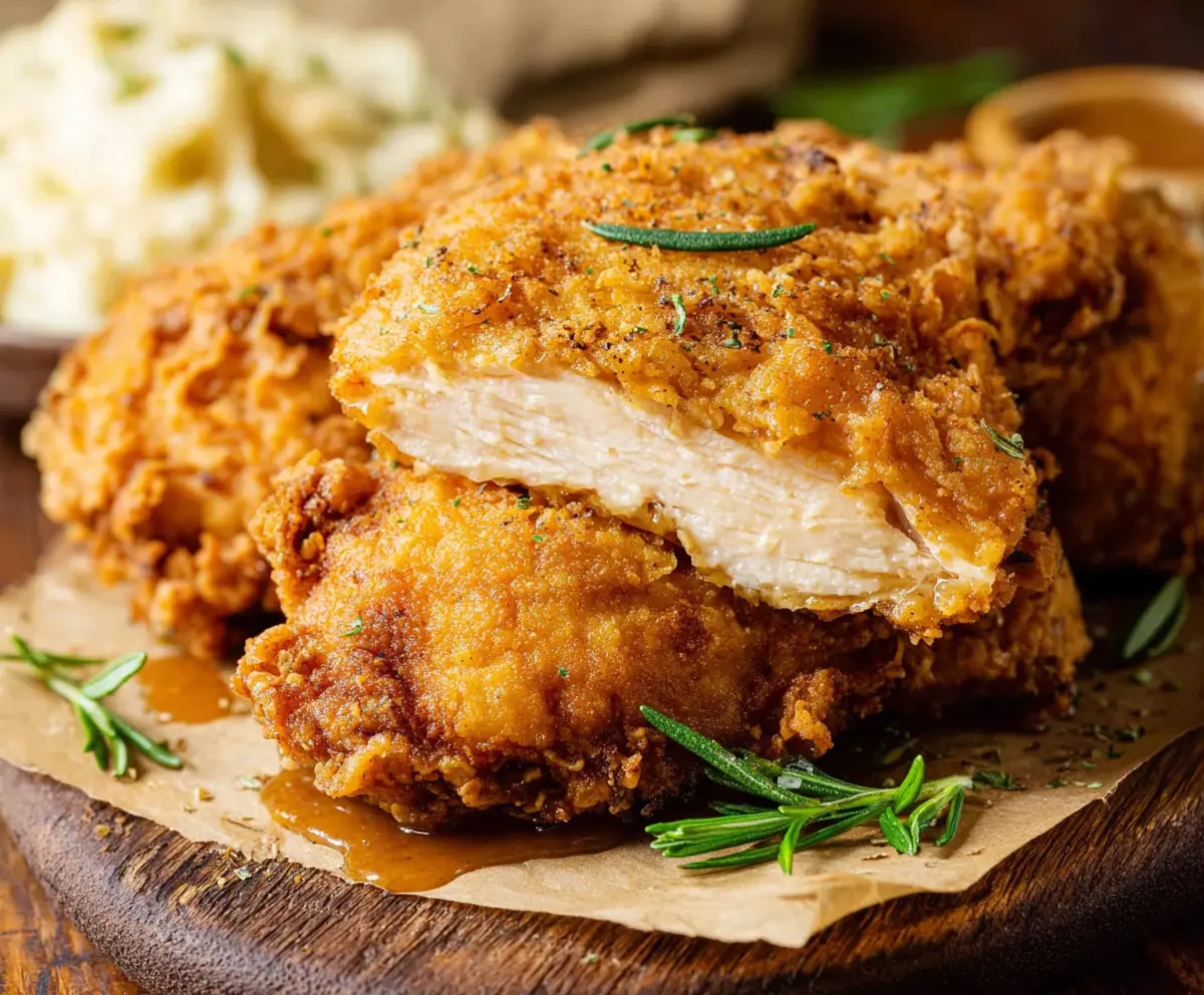 Crispy country fried chicken served with gravy on a rustic plate