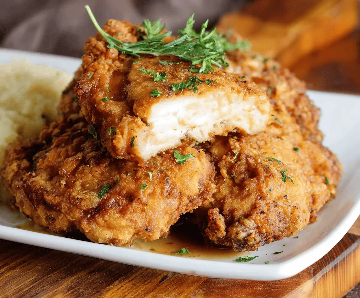 Crispy Southern-style country fried chicken served on a plate with sides