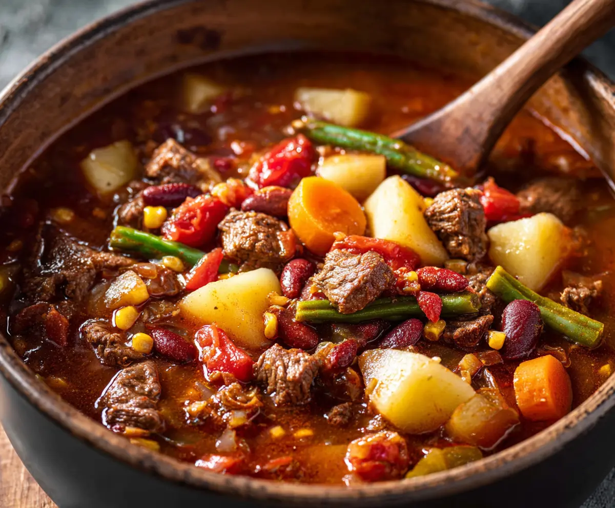 Hearty cowboy stew with vegetables and tender beef served in a rustic bowl.