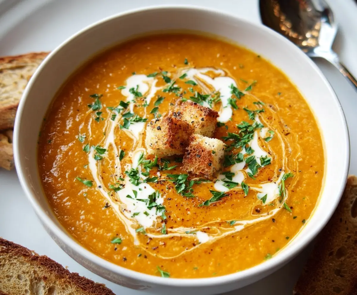 Bowl of creamy carrot and lentil soup garnished with fresh herbs on a rustic wooden table
