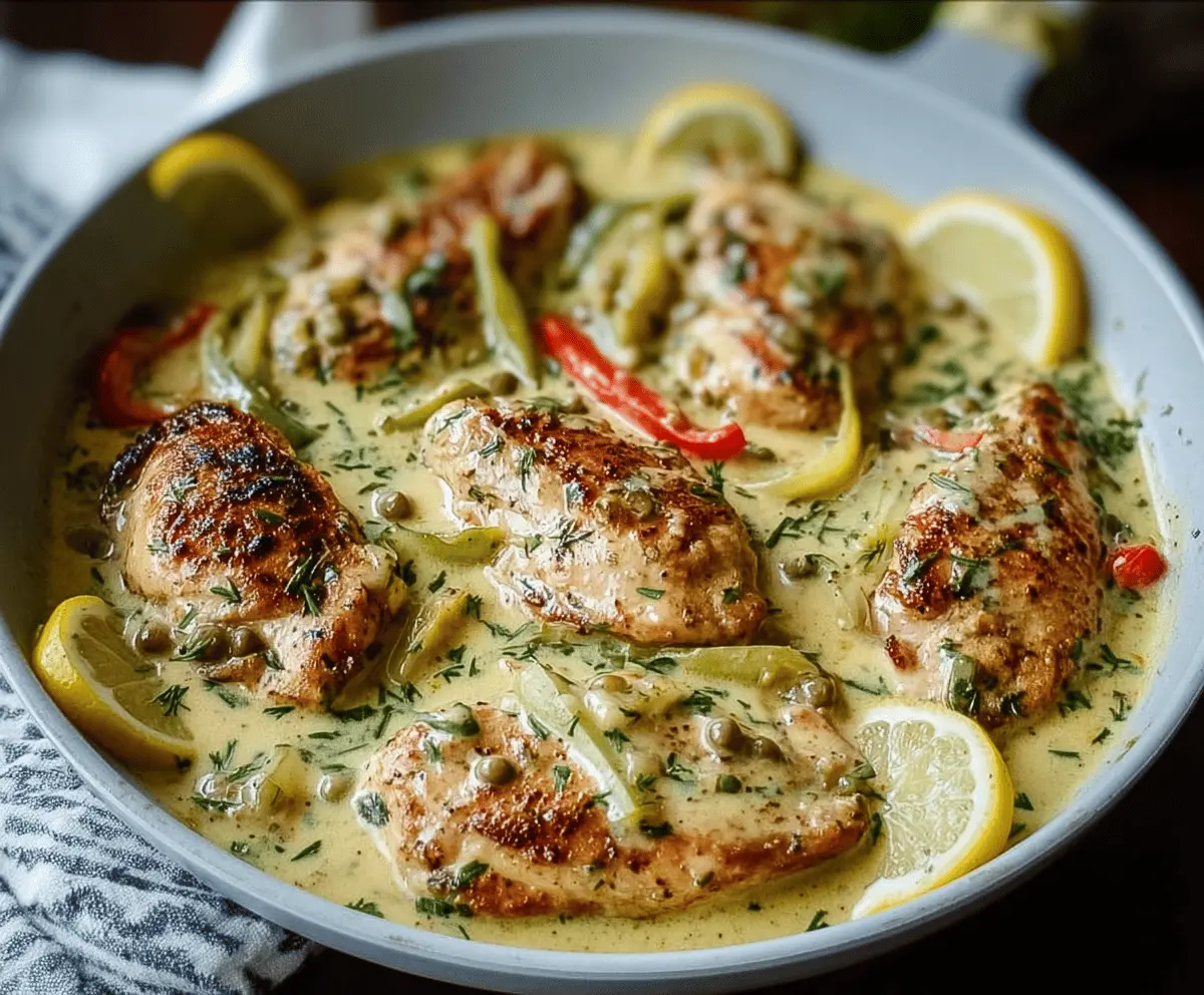 Creamy Pepperoncini Chicken Skillet with fresh herbs and melted cheese
