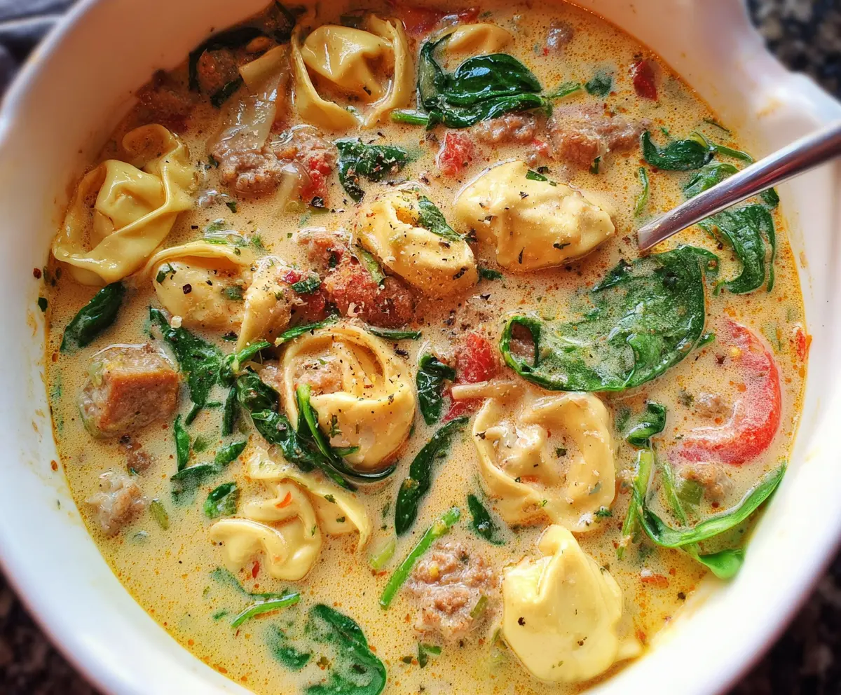 A bowl of creamy sausage tortellini soup garnished with herbs, showcasing tender pasta and savory sausage in a rich broth.