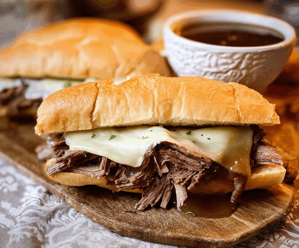 Delicious Crock Pot French Dip Sandwiches with tender roast beef and melted cheese in a toasted bun