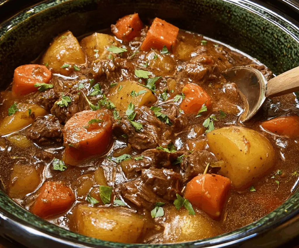 Hearty crockpot beef stew with vegetables and tender beef chunks in a warm, savory broth.