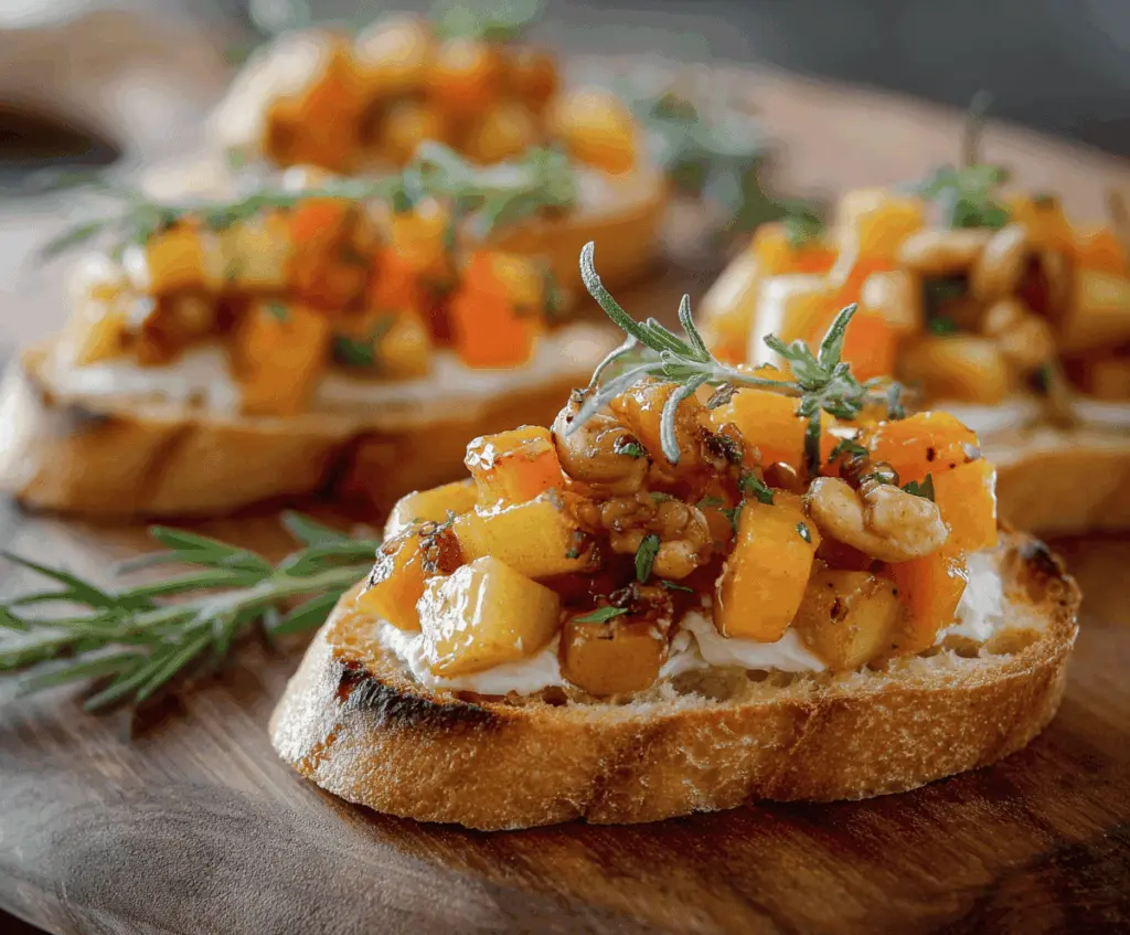 Fall-inspired bruschetta topped with roasted butternut squash and fresh apples for a savory snack.