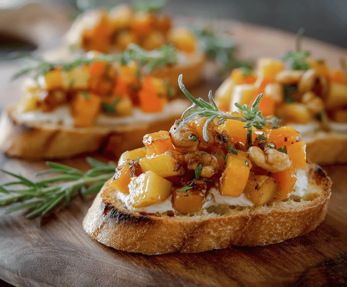 Fall-inspired bruschetta topped with roasted butternut squash and fresh apples for a savory snack.