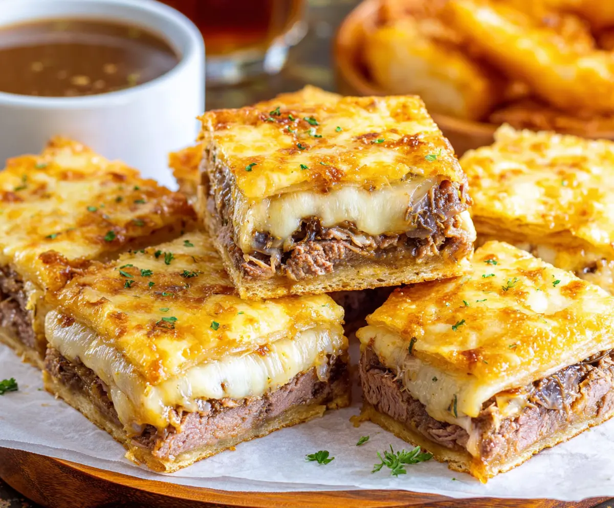 Golden French Dip Squares with tender meat and melted cheese, served on a crispy pastry crust.