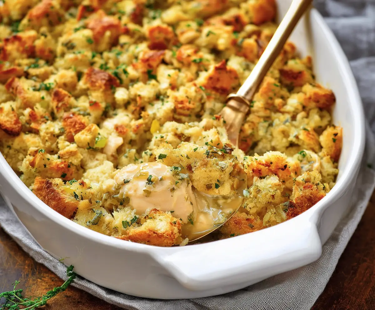 Delicious Easy Chicken and Stuffing Bake served in a casserole dish with golden-brown crust