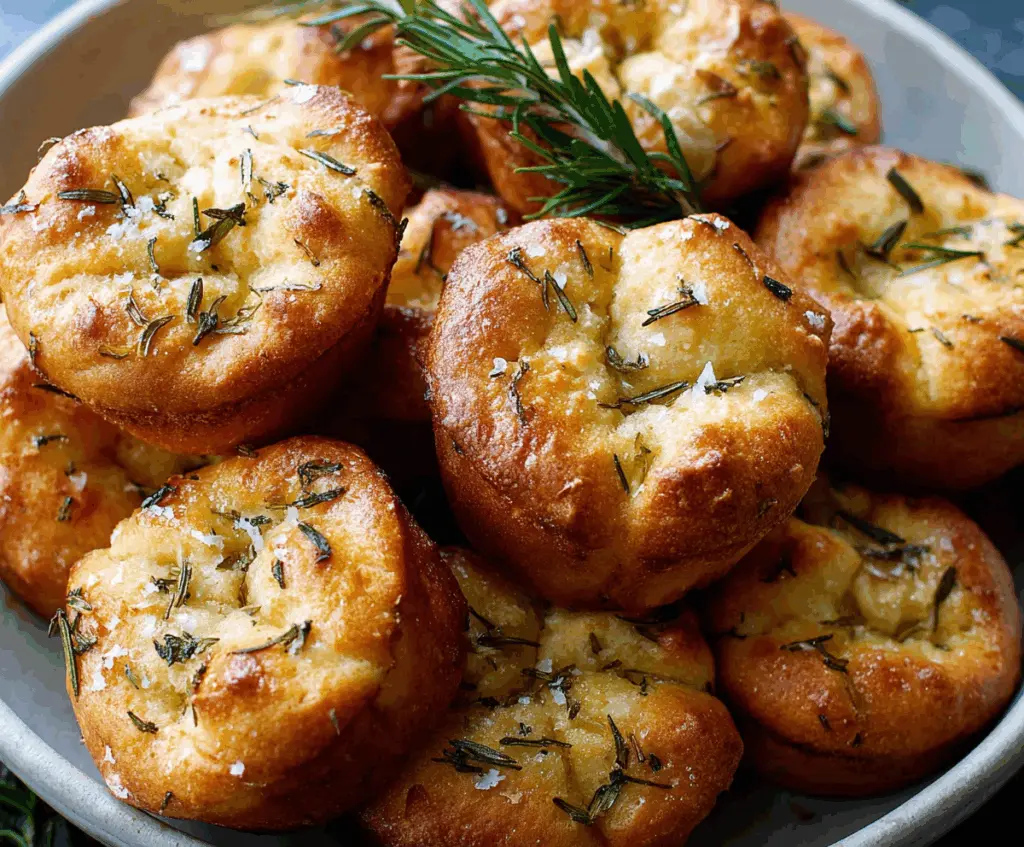 Golden-brown garlic rosemary focaccia muffins fresh out of the oven, garnished with herbs in a rustic baker's tray.