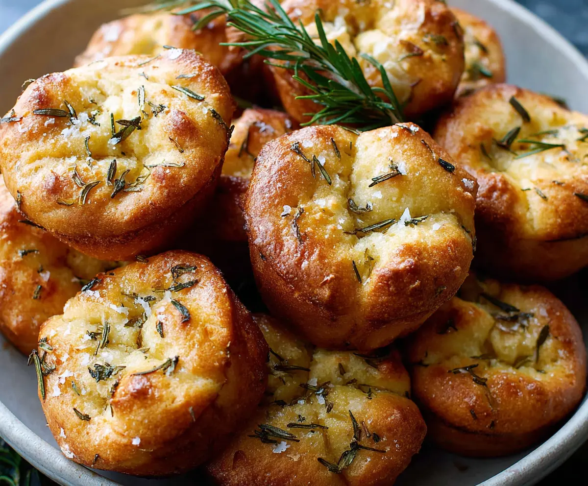 Golden-brown garlic rosemary focaccia muffins fresh out of the oven, garnished with herbs in a rustic baker's tray.