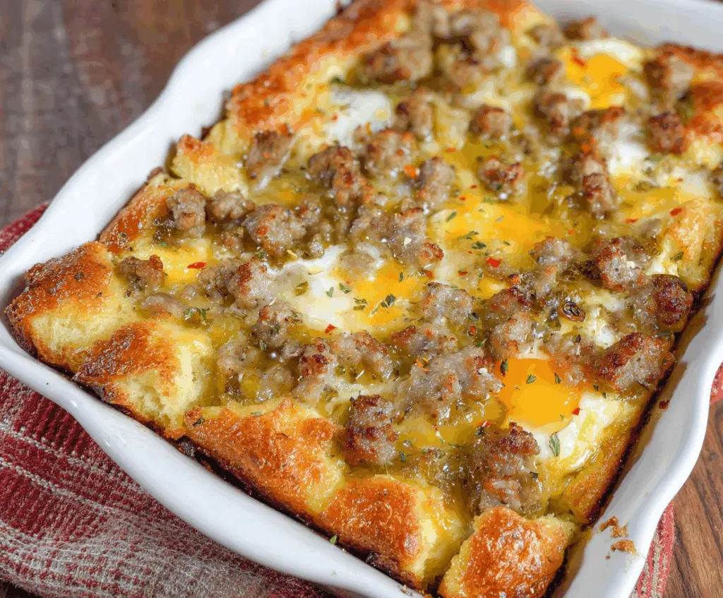 Delicious homemade sausage and egg casserole served in a baking dish, perfect for breakfast or brunch.