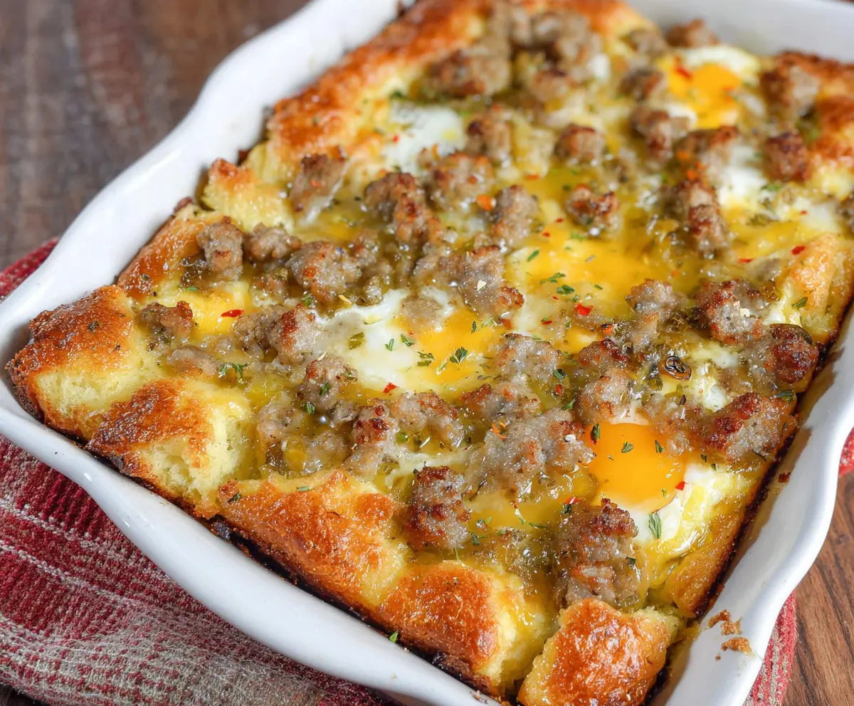 Delicious homemade sausage and egg casserole served in a baking dish, perfect for breakfast or brunch.