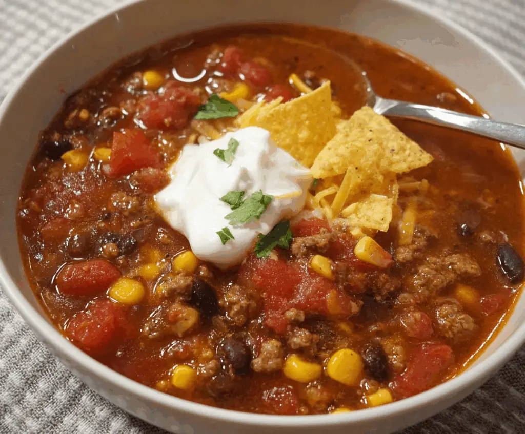 Delicious Easy Taco Soup in a bowl with fresh toppings and colorful ingredients.