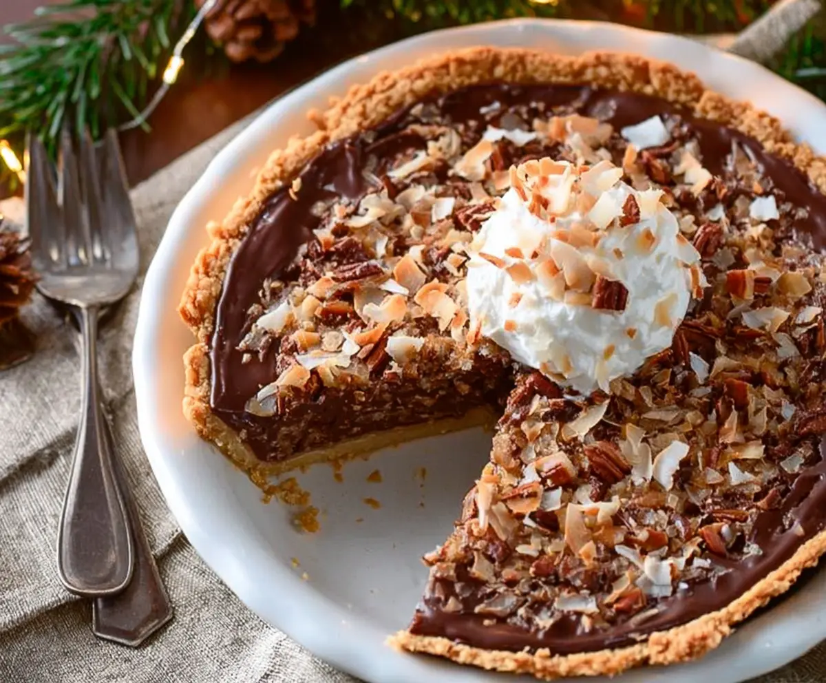 Delicious no-bake German chocolate pie with coconut and pecans, perfect for a Christmas celebration.