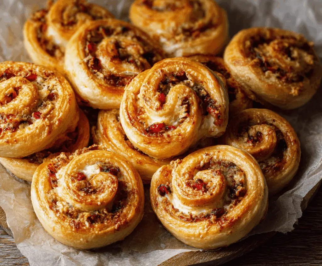 Delicious flaky cranberry cream cheese pinwheels on a serving plate with fresh cranberries and herbs.
