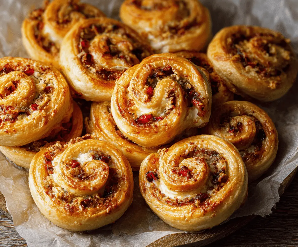 Delicious flaky cranberry cream cheese pinwheels on a serving plate with fresh cranberries and herbs.