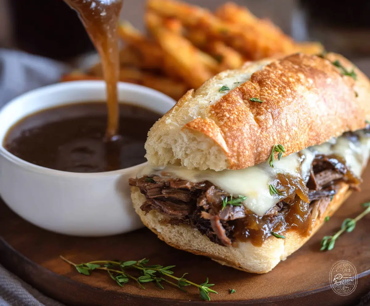 Delicious French Dip Sandwich Melt with tender roast beef and melted cheese on a toasted bun