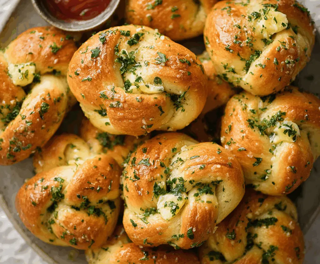 Golden garlic knots with a crispy exterior and aromatic garlic topping, perfect as a snack or appetizer.